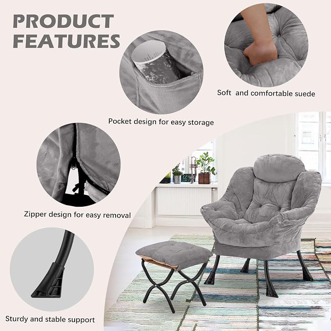 Lazy Chair with Folding Ottoman, Leisure Sofa Chair, Soft Fabric Armchair with - Image 5