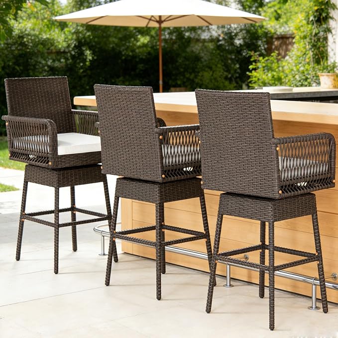 COSTWAY Outdoor Wicker Bar Stools Set of 3, Armrest and Backrest, Patio Bar by COSTWAY