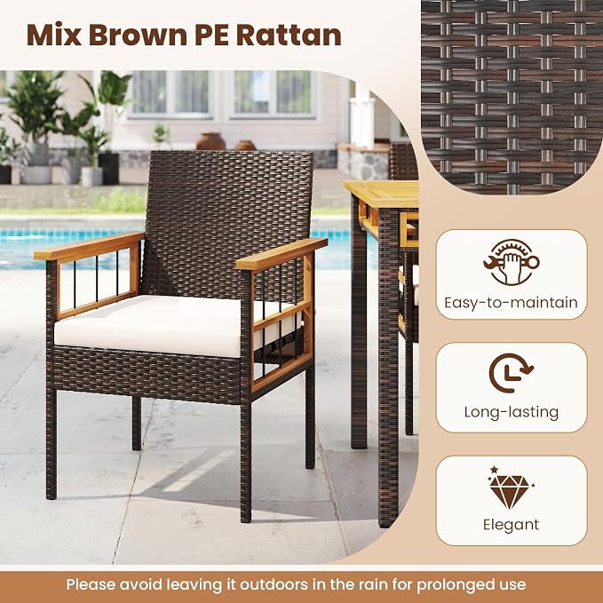 Tangkula 7 Pieces Wicker Patio Dining Set, Outdoor Acacia Wood Rectangular Table - Image 6