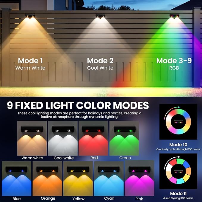Solar Fence Lights Outdoor, Solar Wall Lights 9 Fixed Colors ＆ Color Changing - Image 4