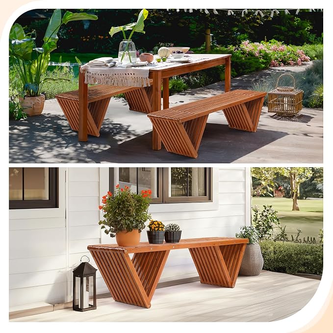 VINGLI Outdoor Wooden Bench, 600lb Capacity Outdoor Backless Benches - Image 3
