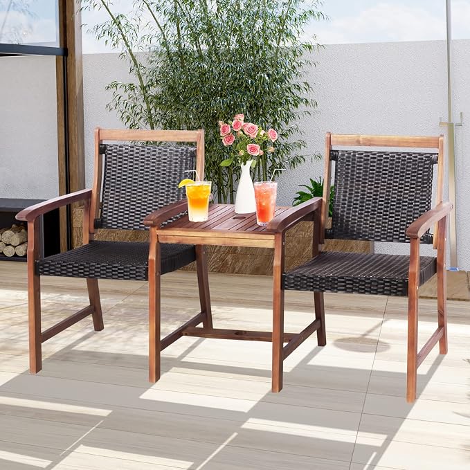 Tangkula Acacia Wood Garden Bench, Patiojoy Rattan Companion Loveseat Chair - Image 2