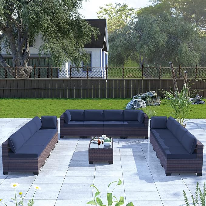 Kullavik 14 Pieces Outdoor Patio Furniture Set, Sectional Rattan Sofa Set Brown - Image 6