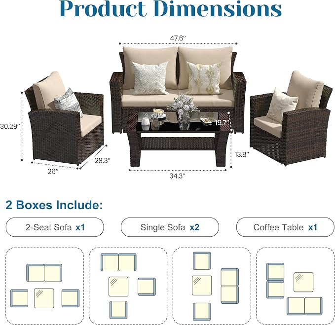 Solaste 4 Piece Patio Outdoor Furniture Sets, Patio Conversation Sofa Wicker - Image 2