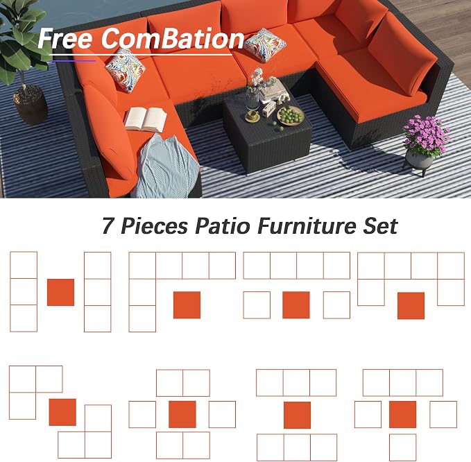 7 Piece Outdoor Patio Furniture Sets, Outdoor Wicker Conversatin Set w Glass - Image 5
