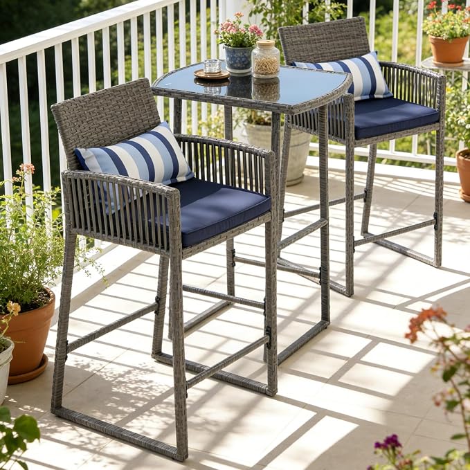 SUNSITT 3-Piece Outdoor Wicker Bar Height Table Set, 2 Bar Stools and 1 Pub by SUNSITT%7CPerfectYourOutdoorLiving