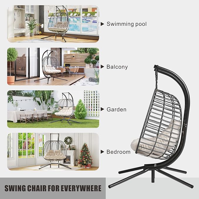 Double Hanging Egg Chair wth Stand, Patio Hammock Swing Chair - Image 4