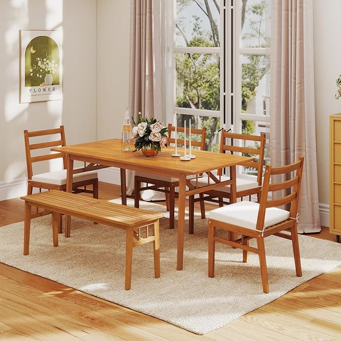 Tangkula 6 Pieces Patio Acacia Wood Dining Set, Outdoor Rectangular Table - Image 2