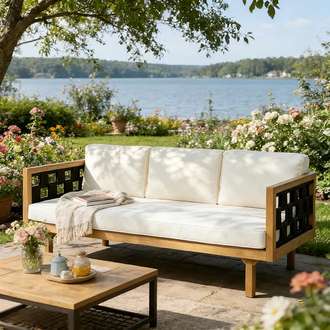 Merax Outdoor 3 Seater Daybed, Acacia Wood Patio Day Bed Couch Sofa by Merax