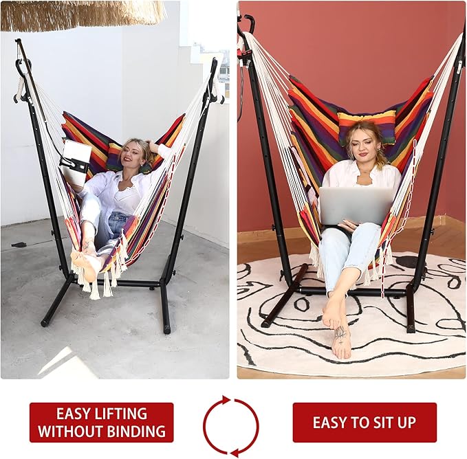 ZEYU Hammock Chair with Stand Double Hammock Chair Bohemian Style with Tassel - Image 2