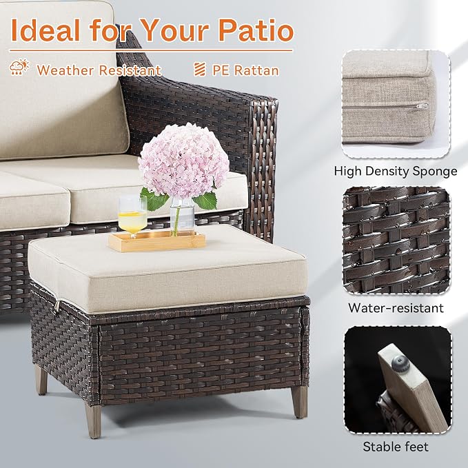 Joyside Patio Ottoman Set of 2, All Weather Outdoor Rattan Ottomans Patio - Image 3