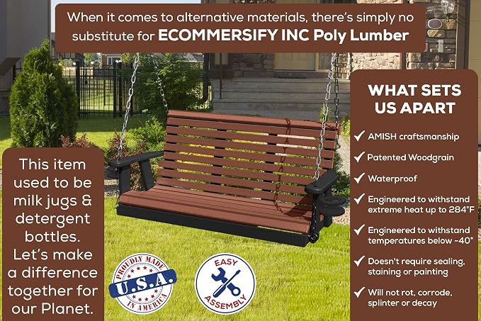 Poly Lumber Wood 5FT Porch Swing Amish Craftsmandship Made in USA HDPE - Image 3
