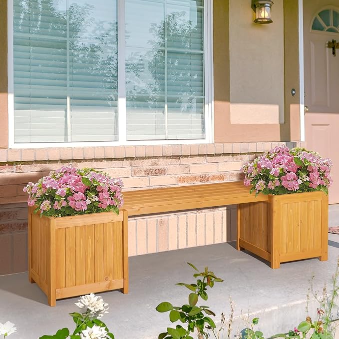 VINGLI Outdoor Wood Bench with Planter Boxes, 2-in-1 All-Weather Porch Bench - Image 8
