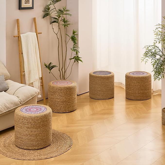 Wimarsbon Round Pouf Ottomans, Handwoven Natural Water Hyacinth Seagrass Pouffe - Image 7