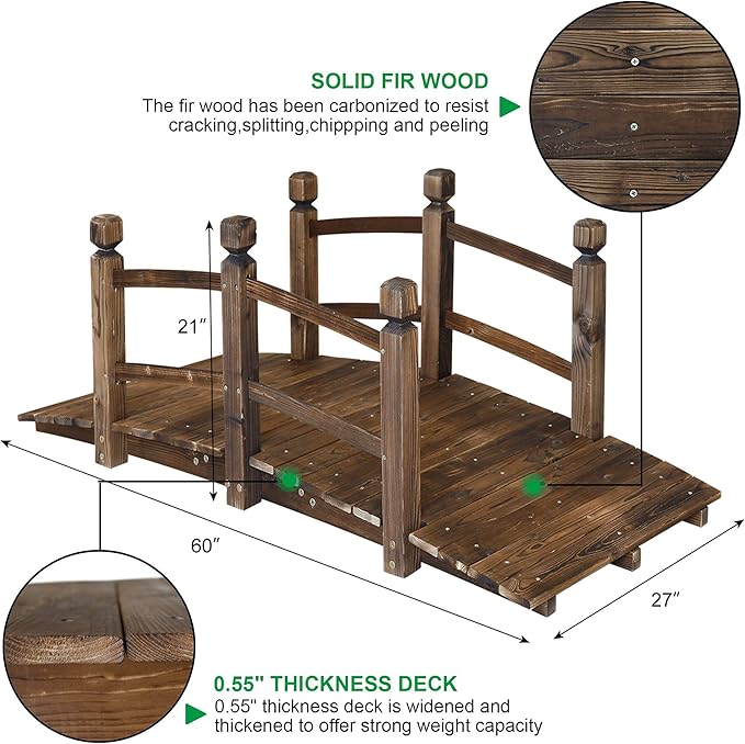 5FT Wooden Garden Bridge Arch Stained Finish Footbridge Decorative Backyard - Image 2