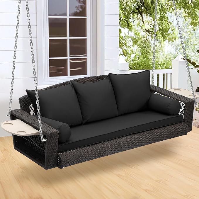 3-Person Hanging Porch Swing, Outdoor Wicker Chair, 76inch Bench by UTOASIS