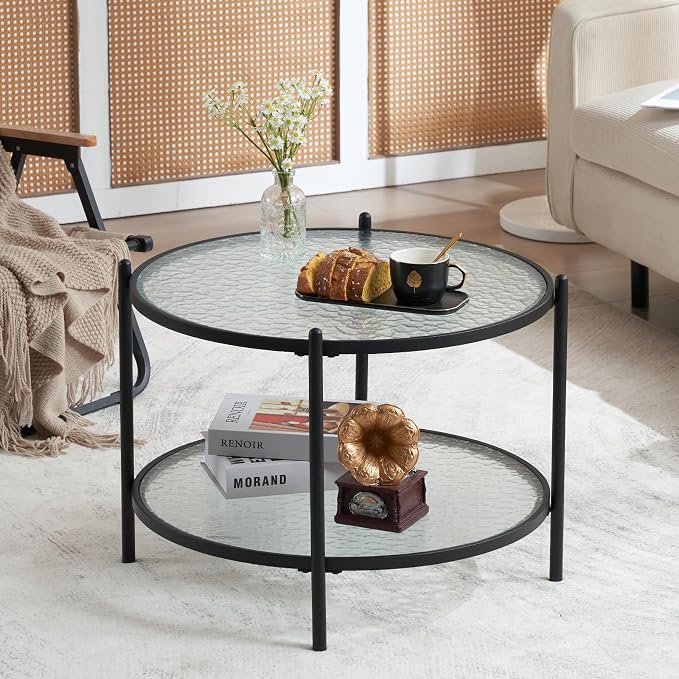 VINGLI 25.6" Small Matte Black Round Coffee Table Water-Wave Glass Circle Clear - Image 4