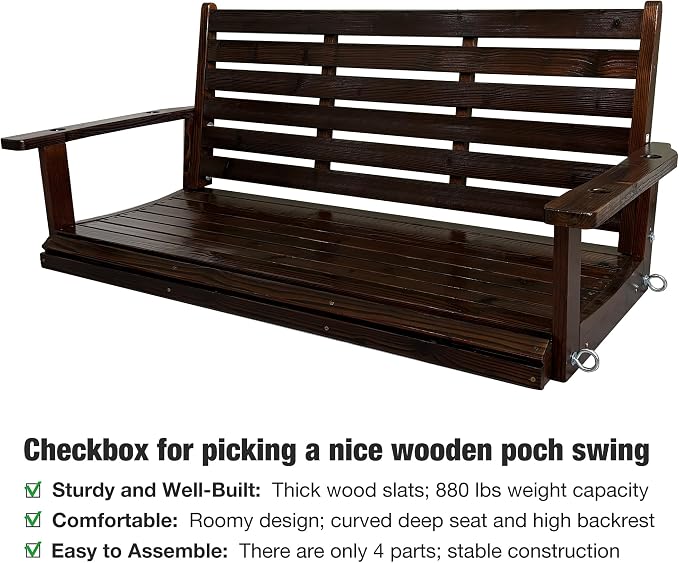 Wooden Porch Swing, Ergonomic Seat, Bench Swing - Image 2