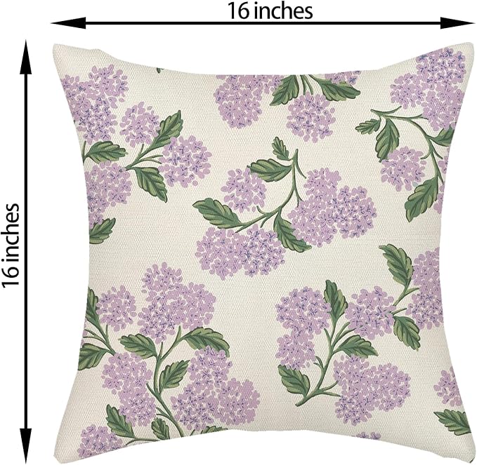 Purple Pink Spring Pillow Covers 16x16 Inch 2 Pcs Green Hydrangea Flower Decor - Image 6