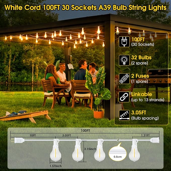 100FT Outdoor String Lights, LED Patio Lights - Image 2