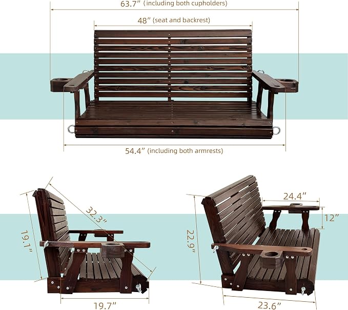Wooden Porch Swing 2-Seater, High Backrest and Deep Seat, Bench Swing - Image 6