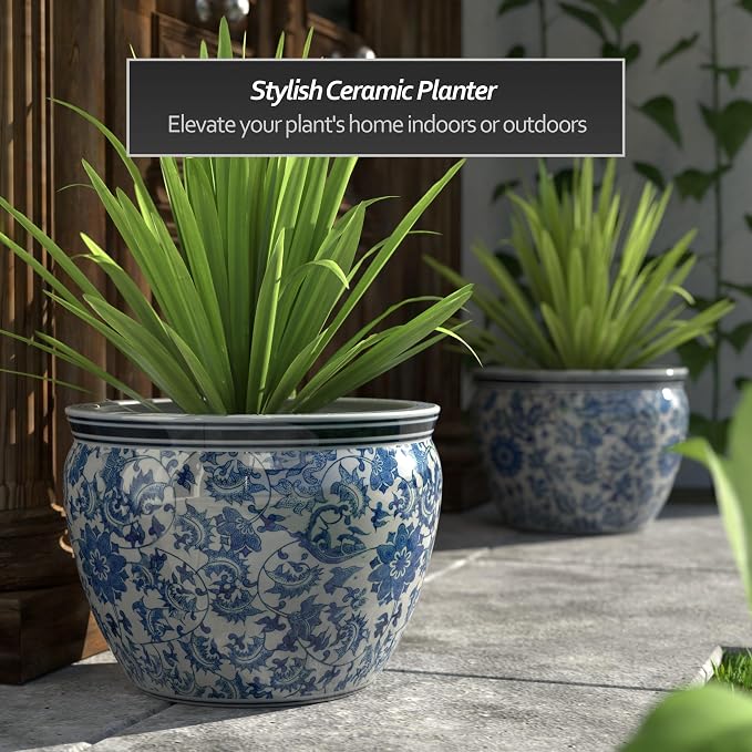 Red Lantern Large 18" Porcelain Fishbowl Blue & White Floral Planter or Cachepot - Image 2