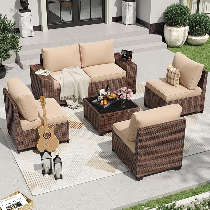 Aoxun 6 Pieces Patio Furniture Set Wicker Rattan Outdoor Sectional Conversation - Image 2