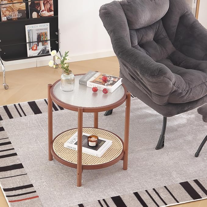 Tiita Rattan Nightstand Side Table, Bamboo Accent Bedside Tables, Glass Coffee - Image 5