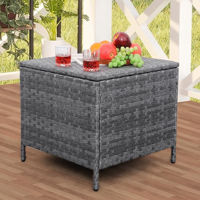 Outdoor Wicker Storage Side Table, Patio Grey PE Rattan End Table by Lvidenoutdoor