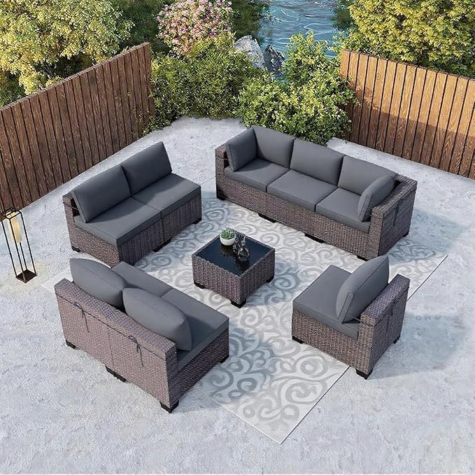 Kullavik 9 Pieces Outdoor Patio Furniture Set, Outdoor Sectional Rattan Sofa by KULLAVIK