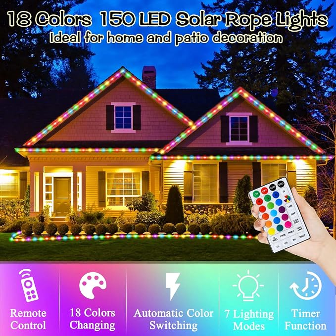 LitHome 50 FT Solar Rope Lights Outdoor Waterproof, 18 Colors Changing 150 LED - Image 3