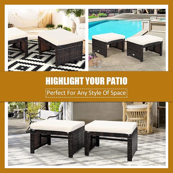 Tangkula 2 Pieces Patio Rattan Ottomans, All Weather Outdoor Footstool Footrest - Image 9