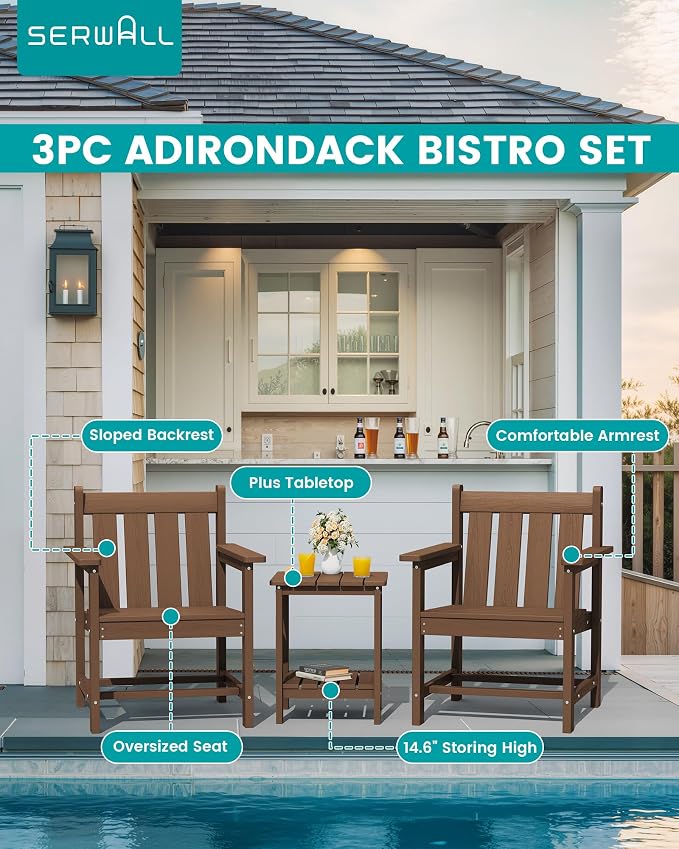 SEWRWALL 3 Pieces Patio Bistro Set, All Weather Adirondack Chair Set - Image 3