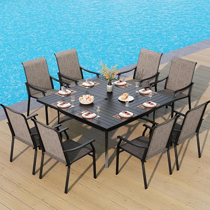 PHI VILLA Patio Dining Set for 8, Extra Large Square Metal Table by PHIVILLAThepioneerofcomfortablehouseholdsupplies