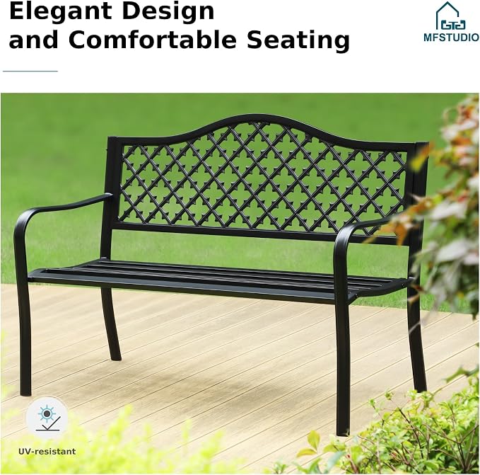 MFSTUDIO Outdoor Metal Bench Set of 2, Cast Iron Frame Patio Furniture - Image 8