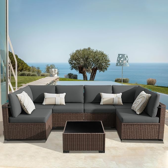 KIGOTY Patio Furniture Set, 7 Pieces Modular Outdoor Sectional Sofa, PE Rattan - Image 9