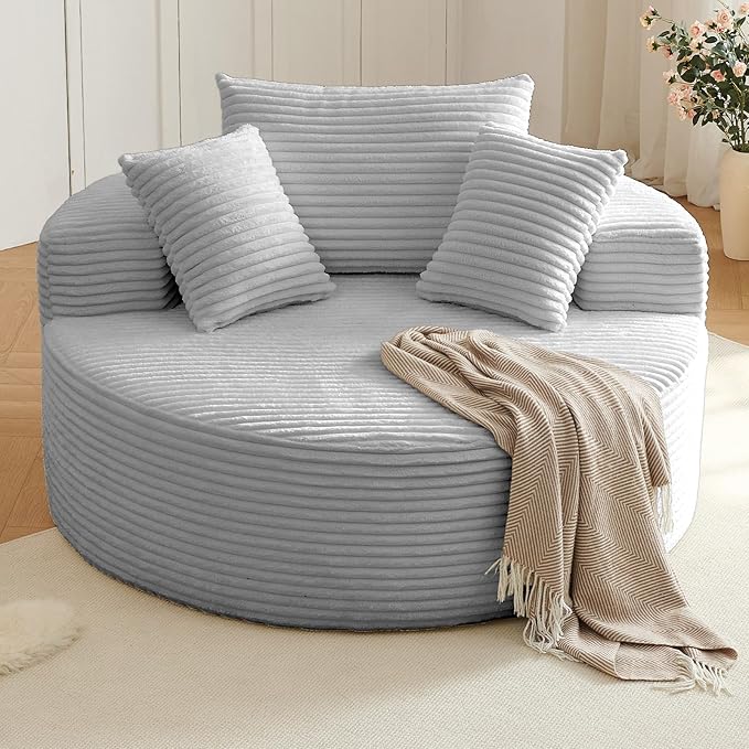 Oversized Round Chair Lounge Chaise Indoor, Upholstered Corduroy Deep Seat by Lakifun