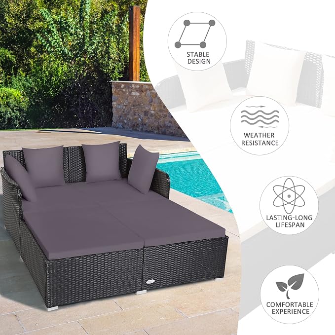 COSTWAY Outdoor Patio Rattan Daybed, Sponge Cushioned Loveseat Sofa - Image 6
