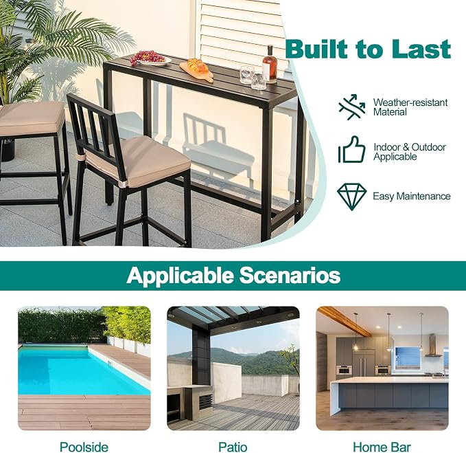 COSTWAY 3 Piece Outdoor Patio Bar Set, Metal Bar Table and Chairs Set - Image 7