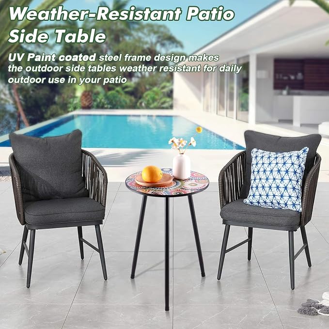 Party Zealot Metal Mosaic Round Side Table Set of Two 13.4" Small Outdoor Patio - Image 4