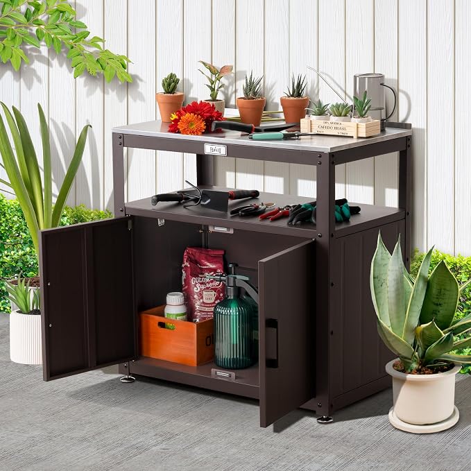 Garden Potting Bench with Storage, Outdoor Potting Table & Garden Work Bench - Image 2