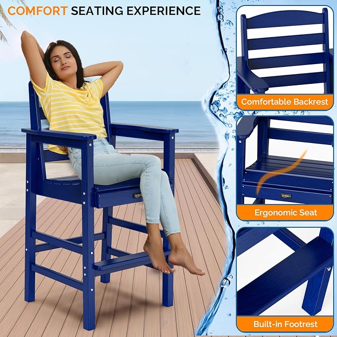 VINGLI Outdoor Bar Stools Set of 2, HDPE All-Weather Patio Bar Height Chairs - Image 5