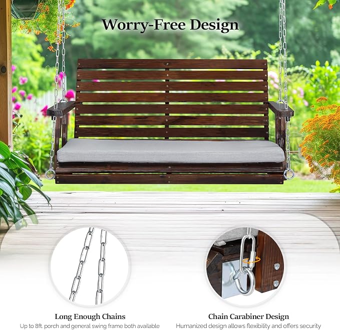 VINGLI Wooden Porch Swing, Heavy Duty 880 LBS Hanging Patio Bench - Image 4