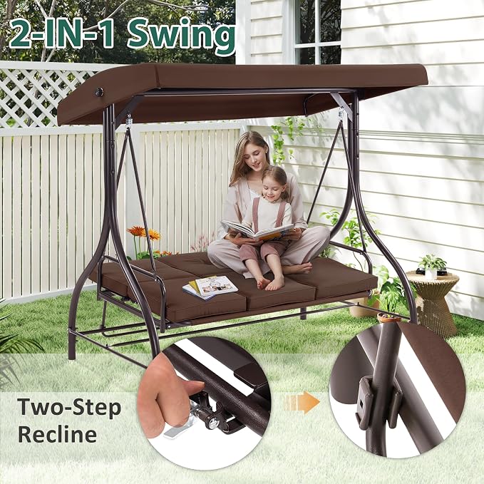 MCombo 3-Seat Outdoor Patio Swing Chair, 2-in-1 Convertible Porch Swing Glider - Image 6