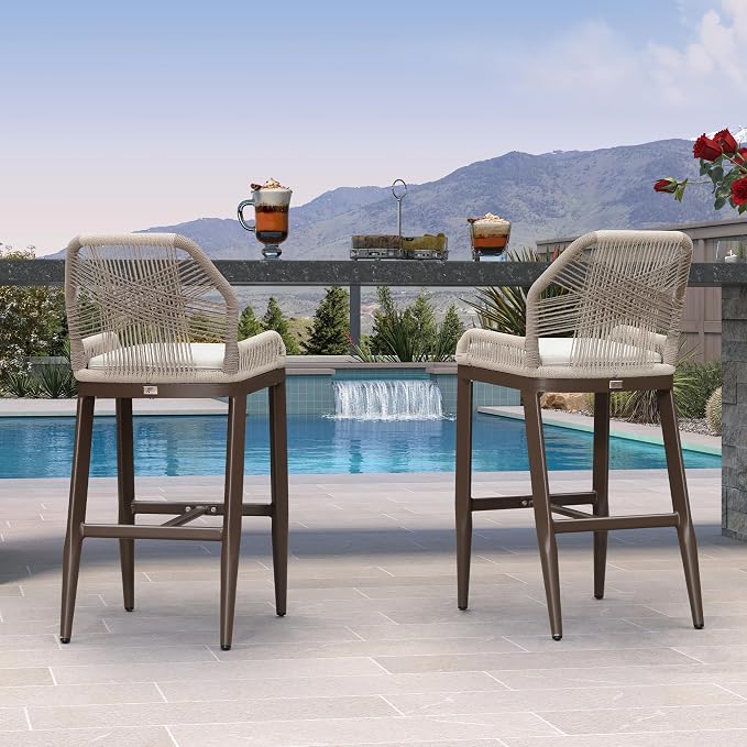 PURPLE LEAF Patio Bar Stool Bar Height Set of 2 Outdoor Rattan Chairs - Image 9