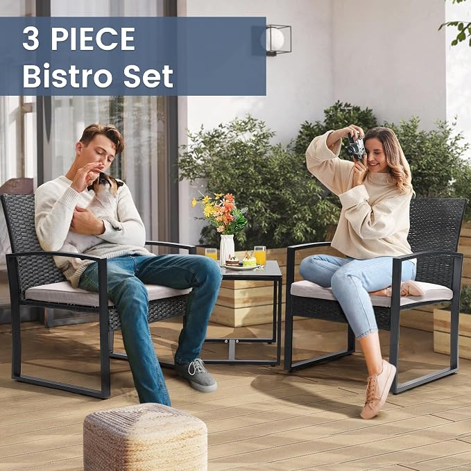 3 Piece Wicker Patio Bistro Set, Rattan Conversation Set - Image 3