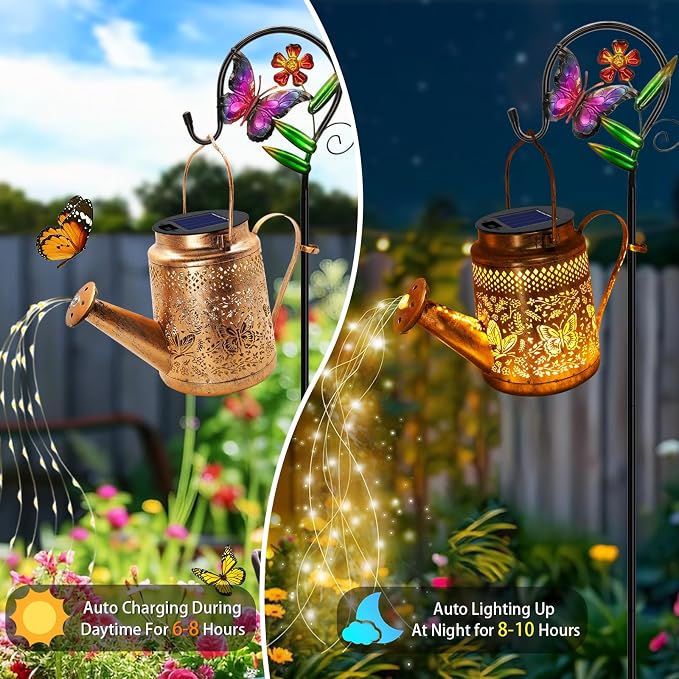 Solar Powered Butterfly Watering Can Lights Waterproof Outdoor Garden Decor - Image 5