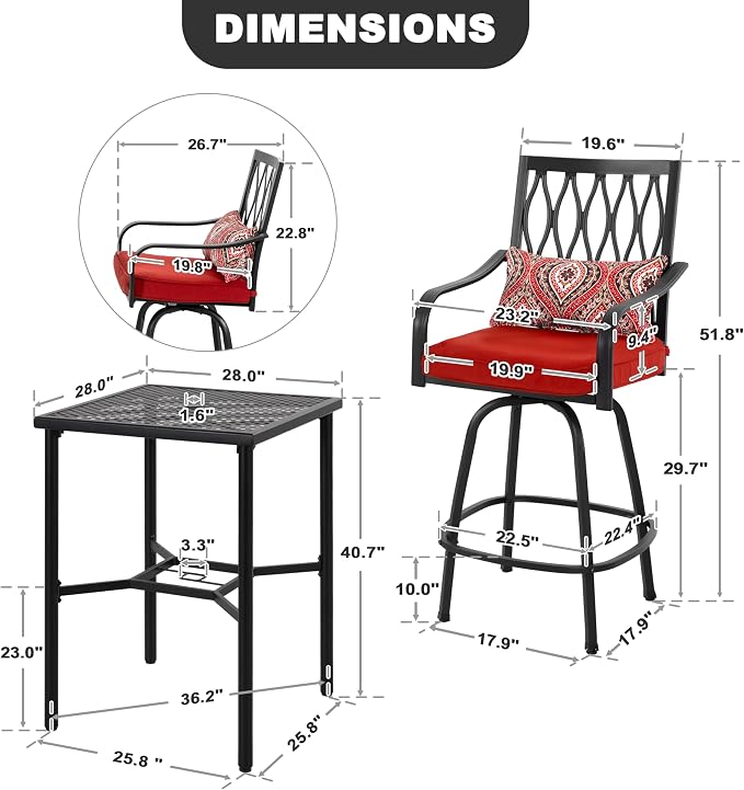 NUU GARDEN 3-Piece Outdoor Bar Set, 2 Swivel Stools - Image 5