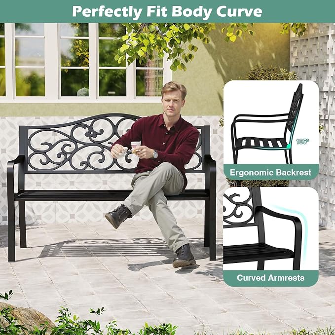 Tangkula 50 Inches Outdoor Garden Park Bench, Cast Iron Metal Patio Bench - Image 7