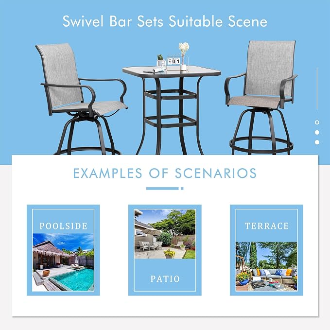 Shintenchi 3 Piece Patio Swivel Bar Stools Set, Outdoor Patio Bar Table and - Image 5